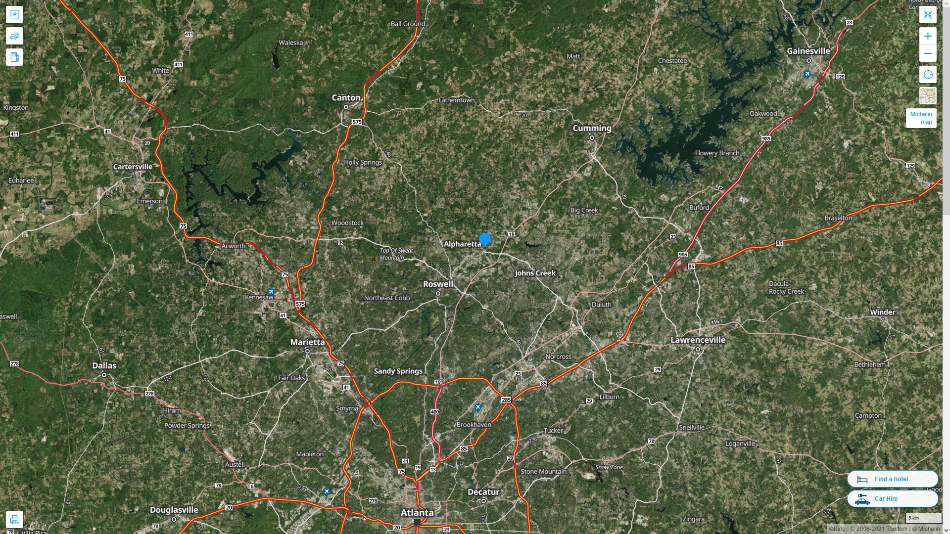 Alpharetta Georgia Highway and Road Map with Satellite View